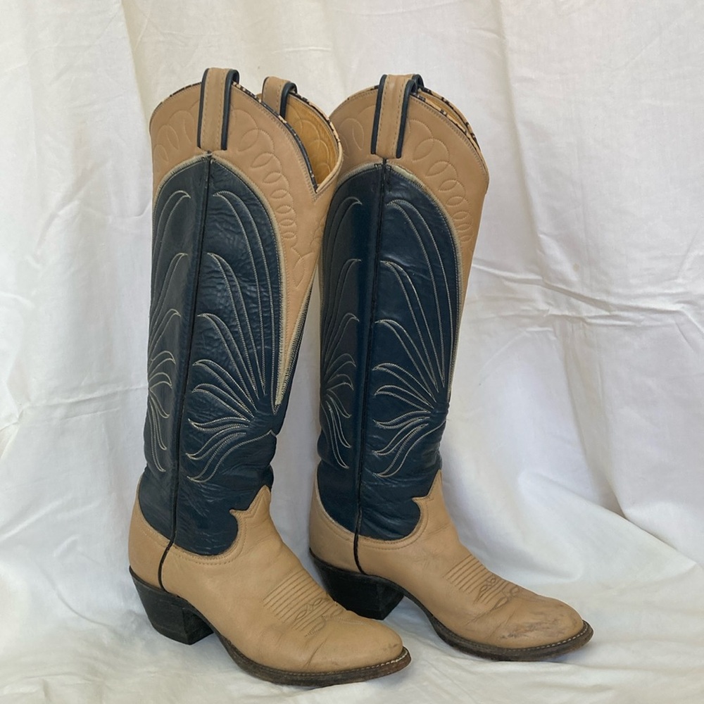 Tony Lama Tan & Navy Blue Vintage Cowboy Boots